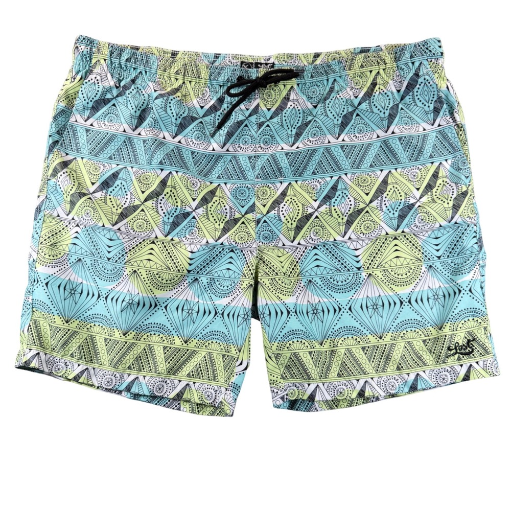 Lost Enterprises Swim Shorts Geometric Tribal Print 36 Blue Green Surf Swim‎